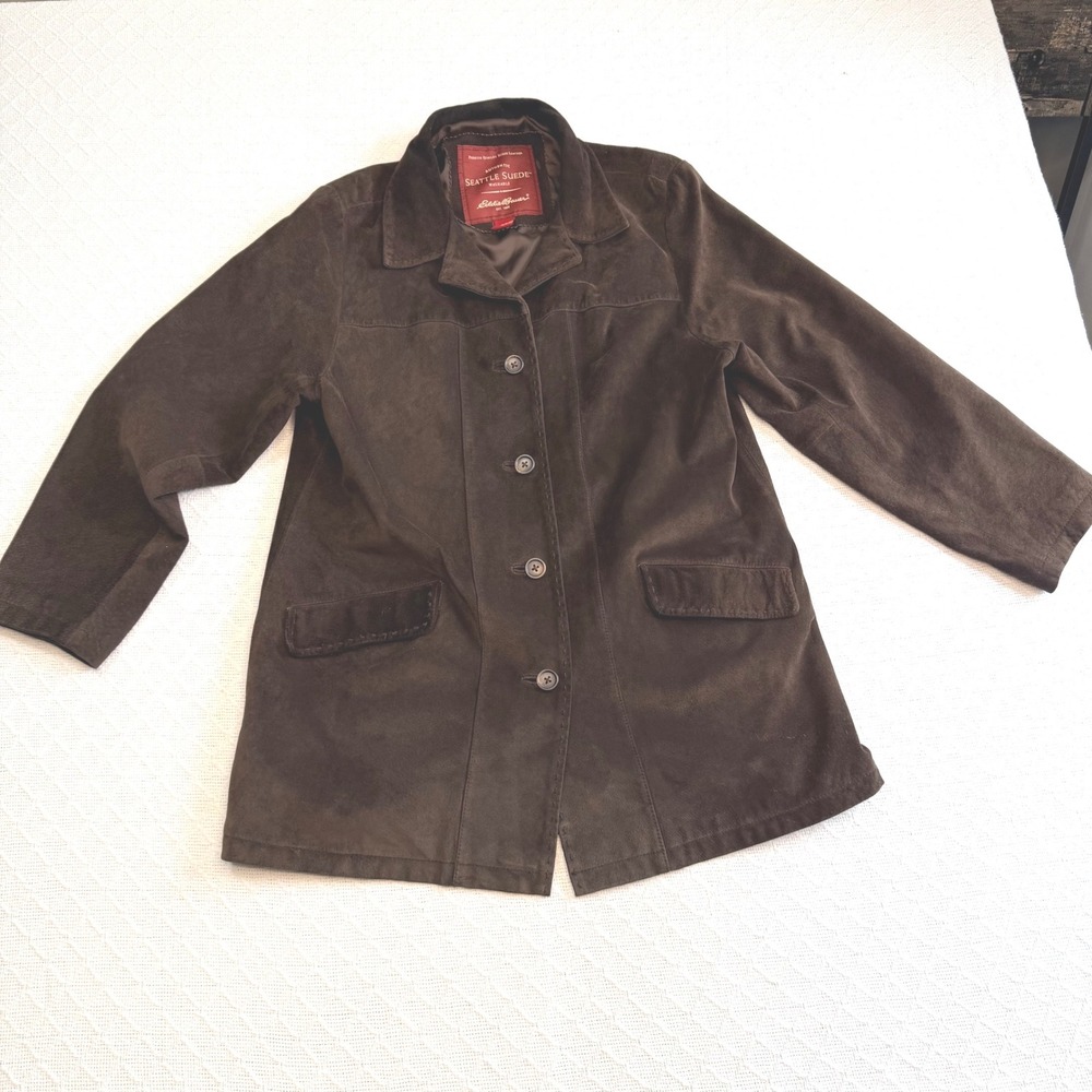 Eddie Bauer Seattle Suede Brown Washable Leather Button Front Jacket Mens Medium